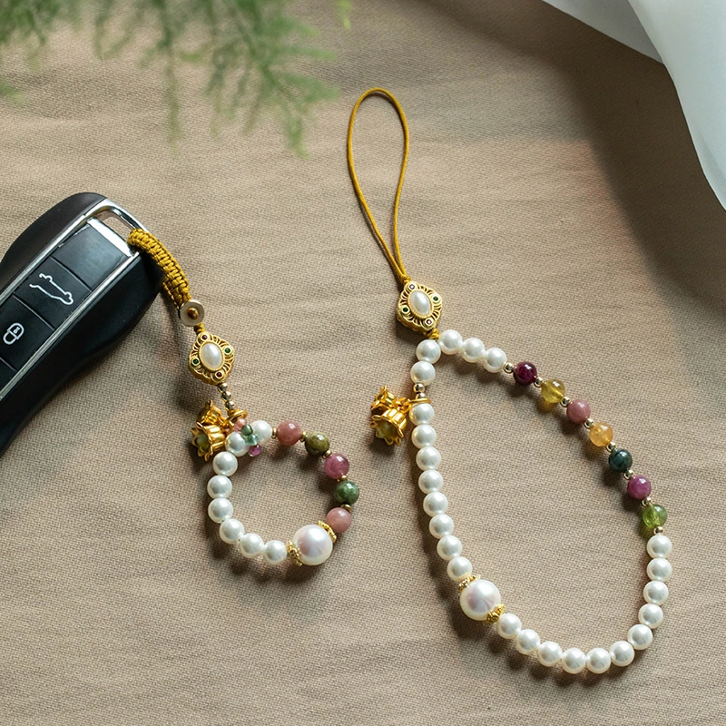 朴房天然淡水珍珠碧玺钥匙扣2026年新款防丢挂绳腕带随身饰品女款