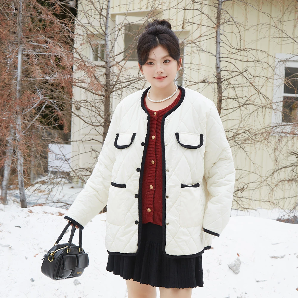 【涵胖胖】清 秋冬夹棉时尚品质女装圆领撞色大菱格间棉外套 3985