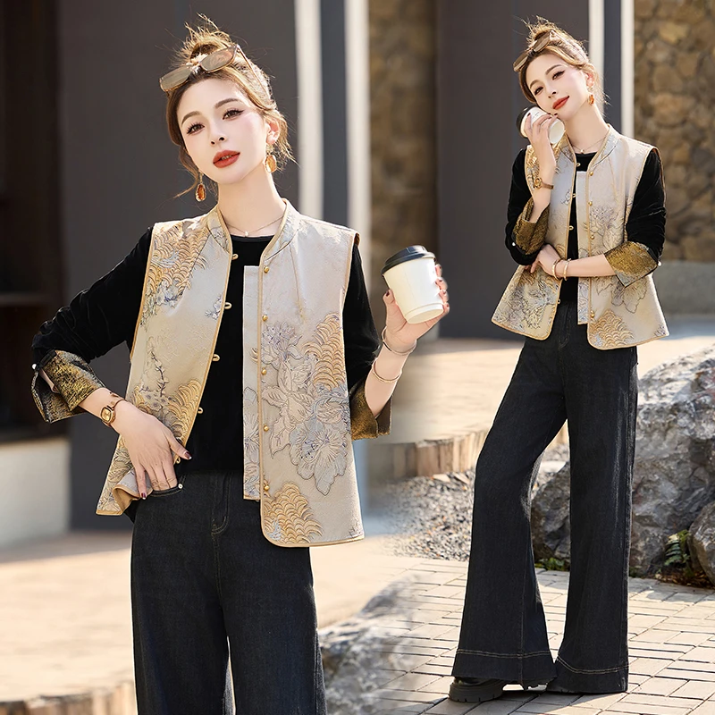 新中式国风马甲套装女2025春季新款高级感复古丝绒内搭短款两件套