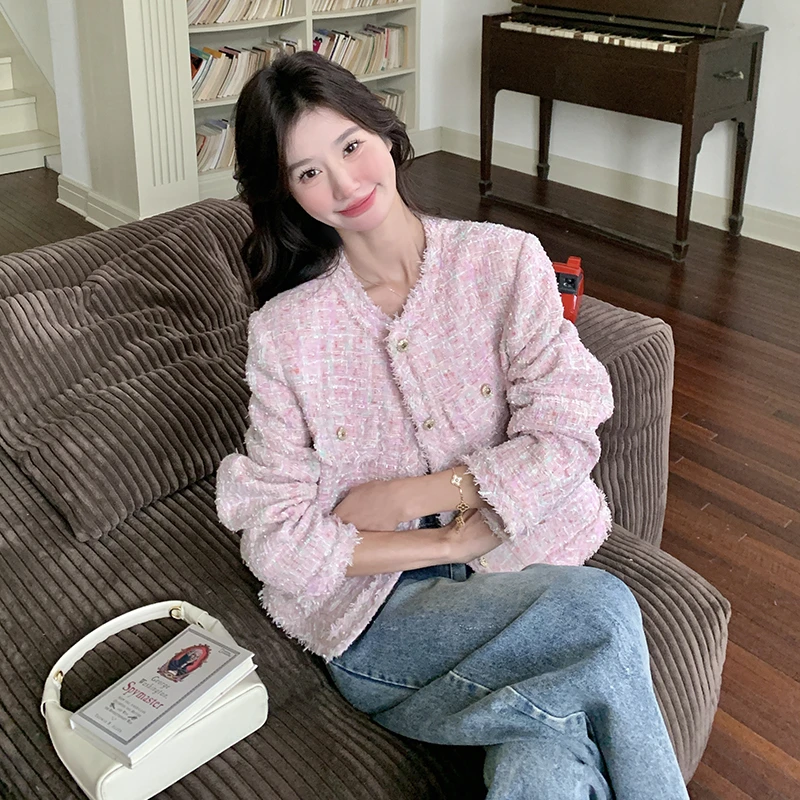 粉色洋气名媛小香风外套女2025春季新款法式气质小个子短上衣