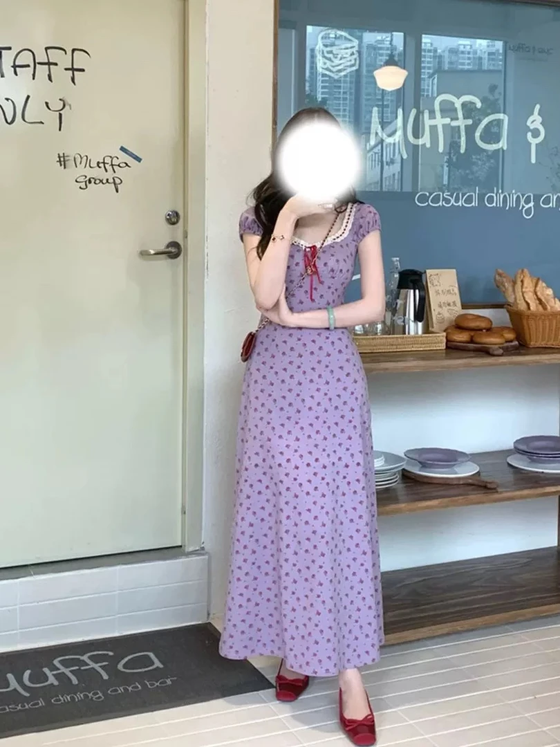 紫色韩系碎花连衣裙女夏季纯欲气质修身收腰显瘦辣妹打底包臀长裙