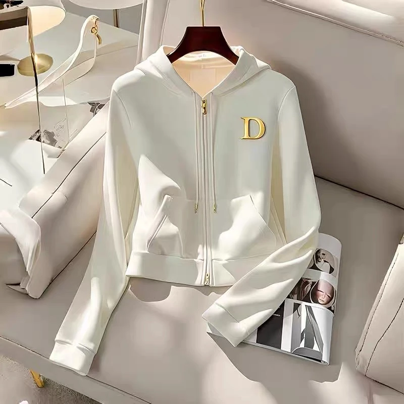 691#春秋运动白色时尚休闲春季连帽秋季显瘦气质百搭潮流长袖套装