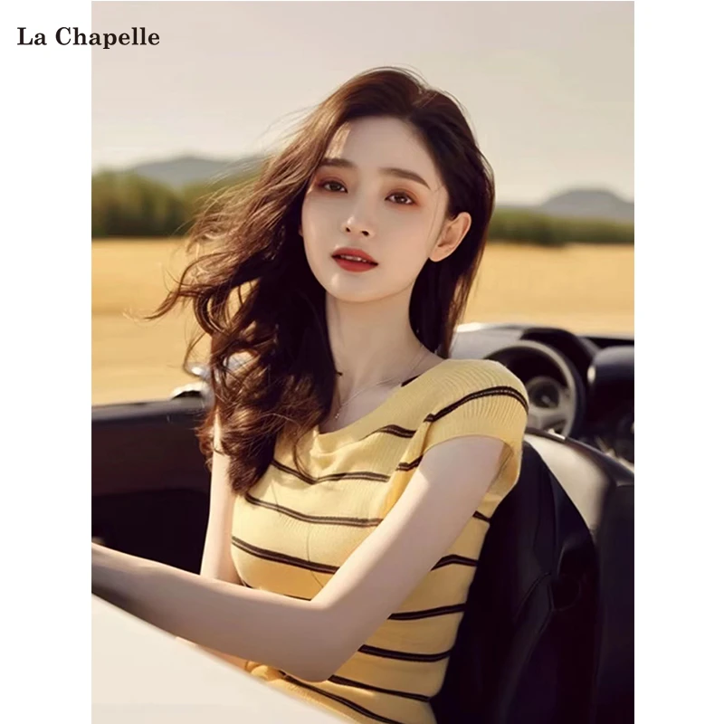 拉夏贝尔韩系冰丝针织衫女2025新款百搭修身显瘦短袖t恤上衣女