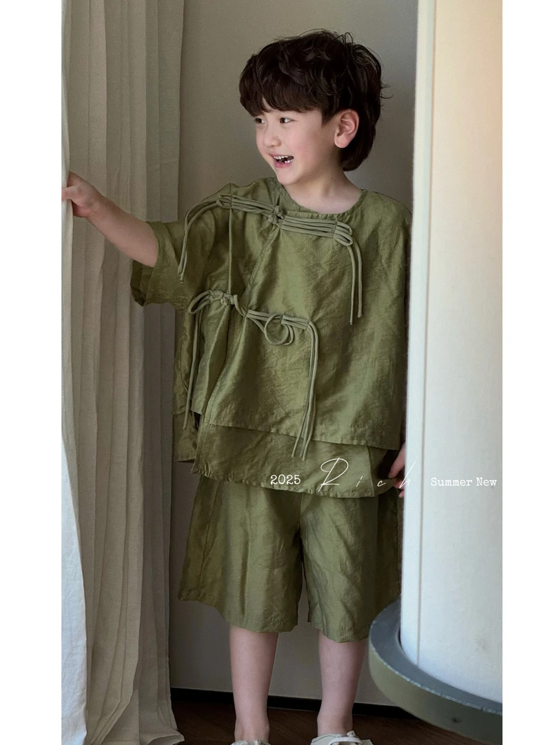 【现货】卤蛋童装【国风绿意】2025夏短袖盘扣小众套装男女童1262