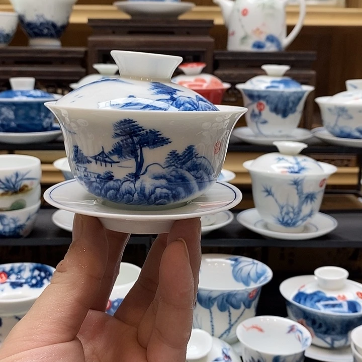 手绘微瑕山水盖碗