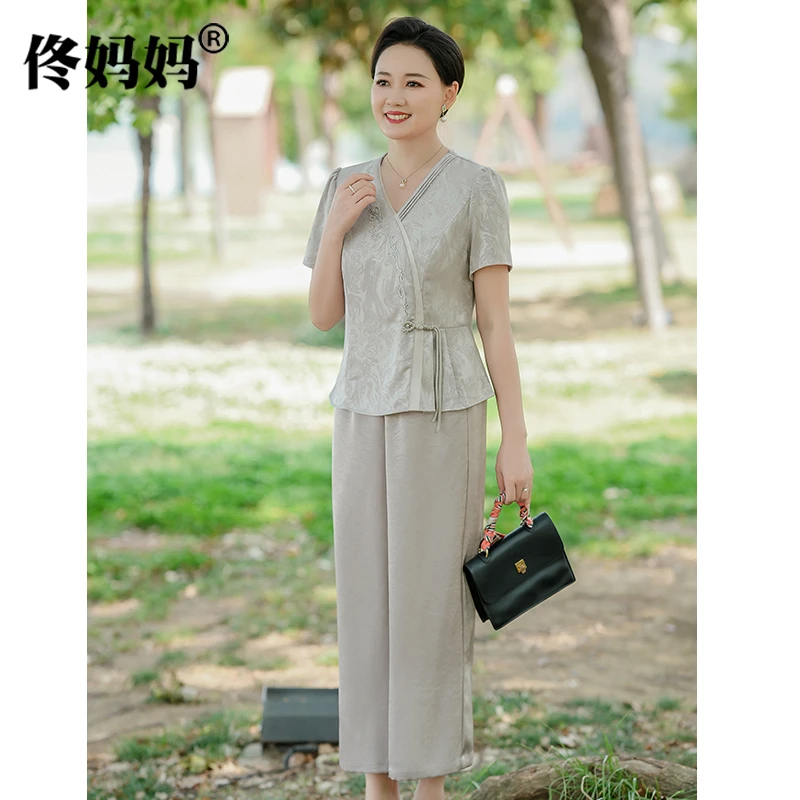 妈妈夏装短袖套装洋气小衫2025新款中老年女装两件套761