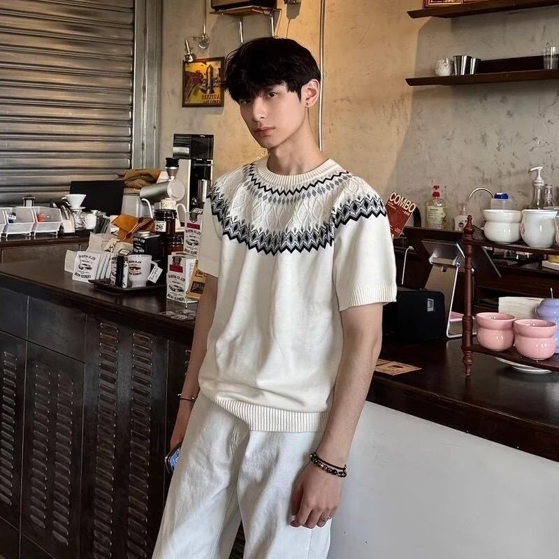 元点费尔岛提花针织短袖男款夏季透气凉感五分袖美式复古正肩t恤