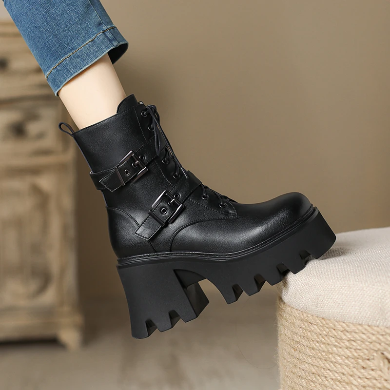 8cm小个子厚底增高加绒马丁靴真皮靴子防水台粗跟女靴牛皮女短靴