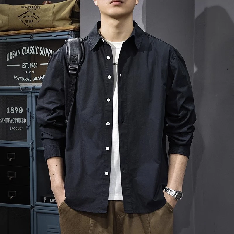 春季新款纯棉百搭长袖男士衬衫外套美式休闲潮牌衬衣宽松翻领上衣