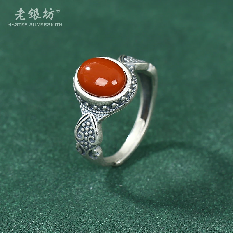 【老银坊】s925银复古波点花纹南红戒指 00312416