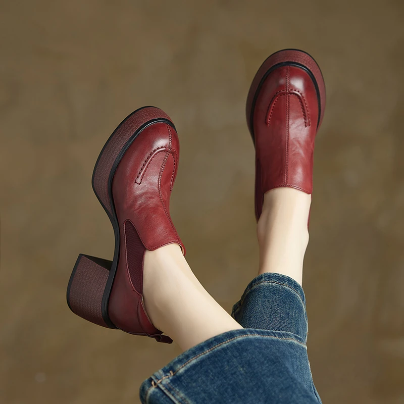 擦色牛皮~8cm时尚小个子复古厚底乐福鞋四季款百搭圆头粗跟女单鞋