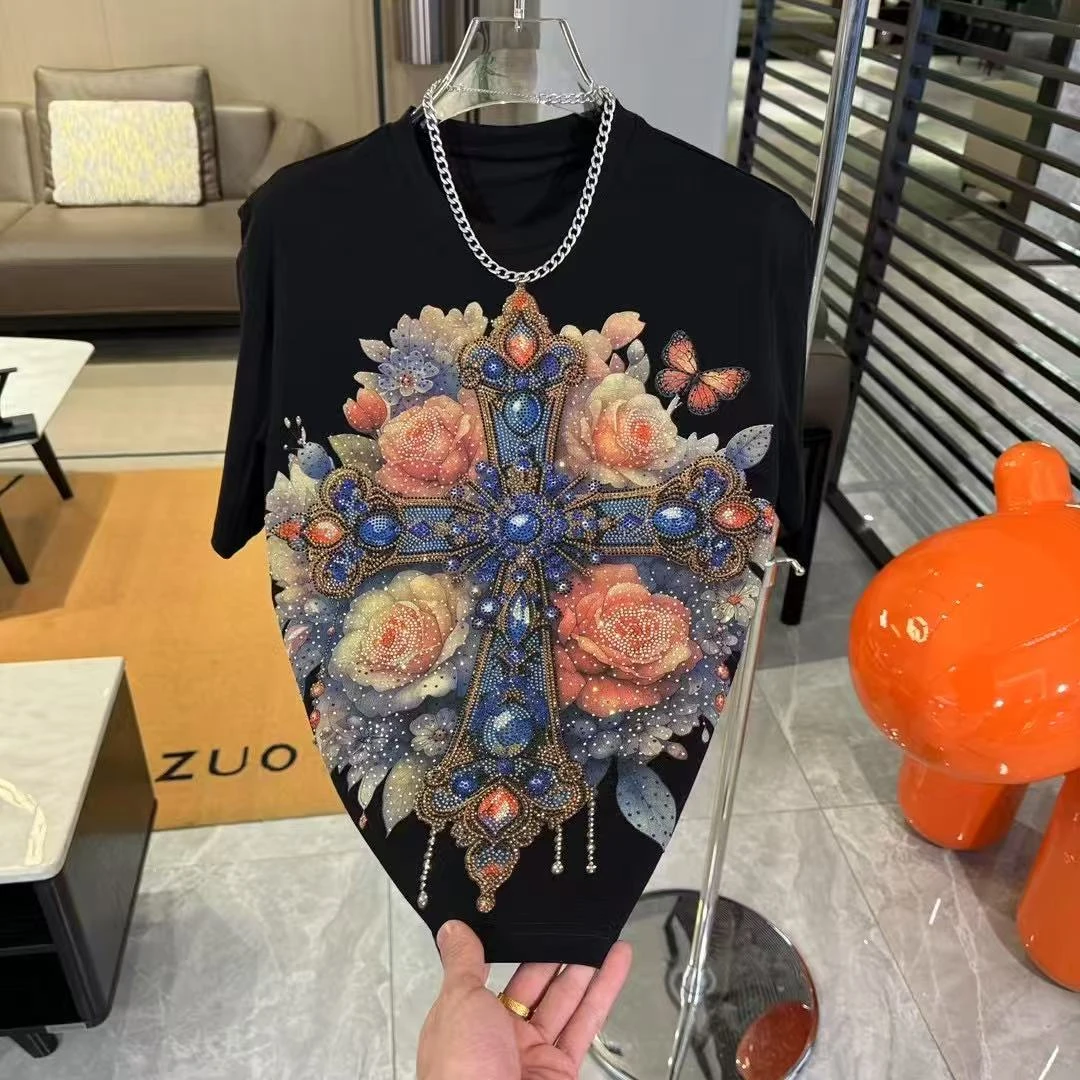 新款十字花轻奢重工烫钻潮牌欧货半袖男女时尚精品百搭十字花T恤.