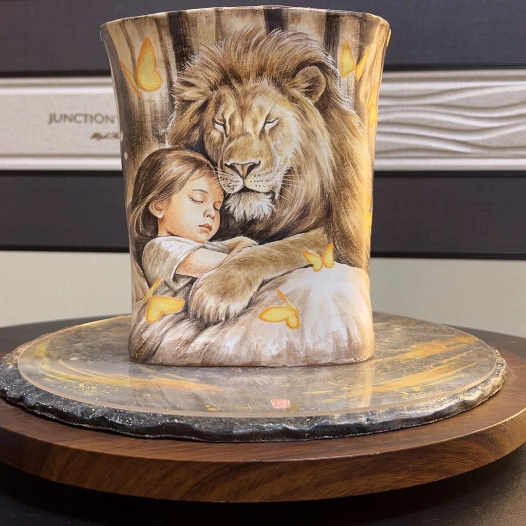 晨辰手绘花盆方口高盆狮子女孩