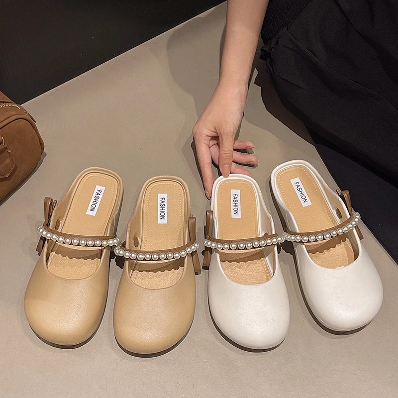 【几乐】2025新款夏季百搭仙女风珍珠时尚外穿拖鞋包头半拖女