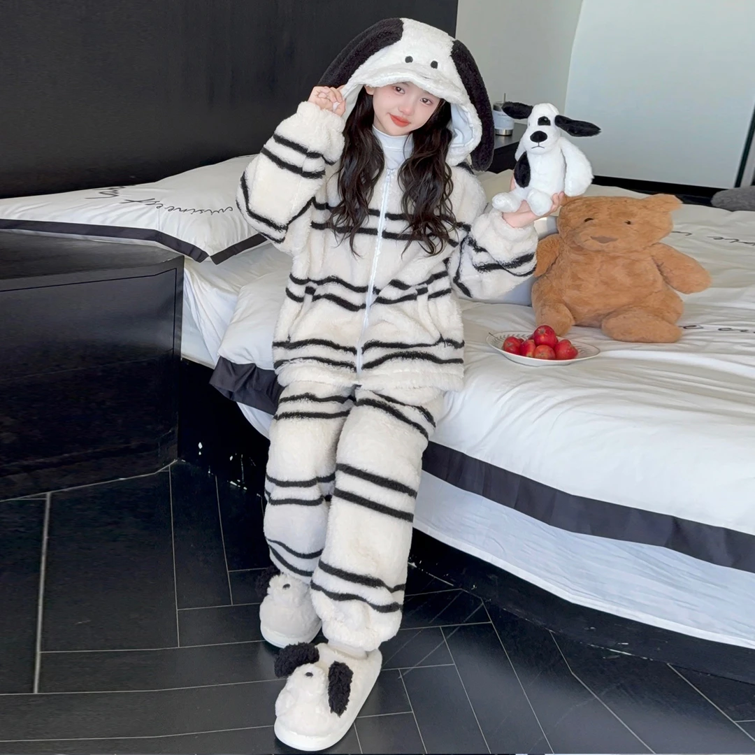 女童冬季加绒加厚连帽家居服套装新款法兰绒睡衣25152
