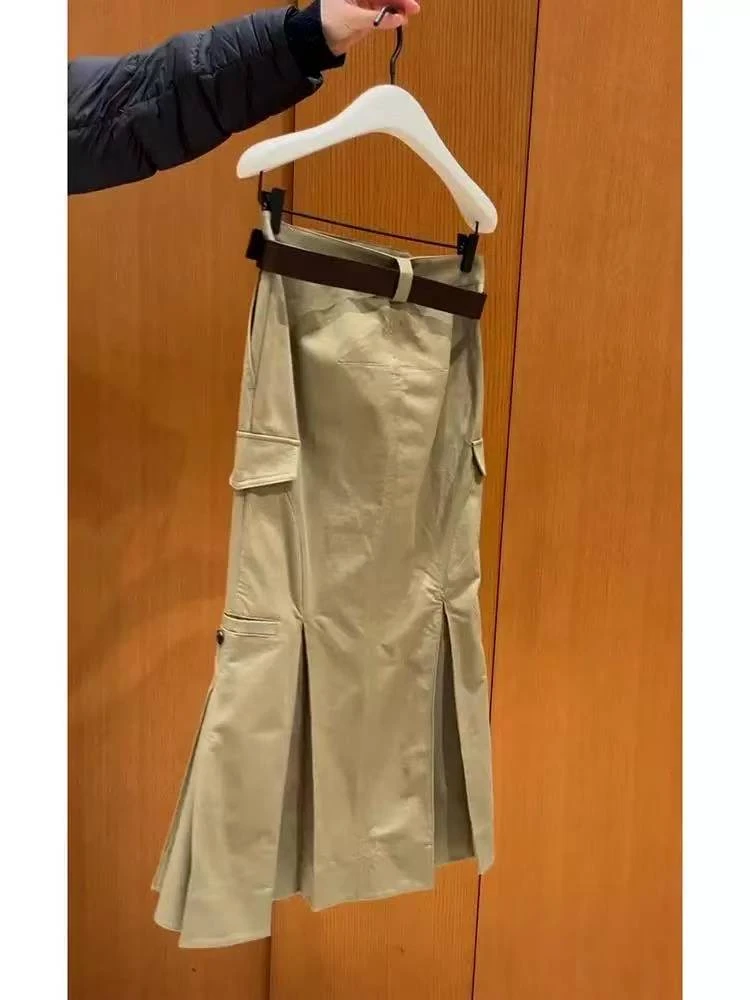 清仓捡漏~专柜外贸女装今年流行小个子绝美卡其色开叉鱼尾半身裙