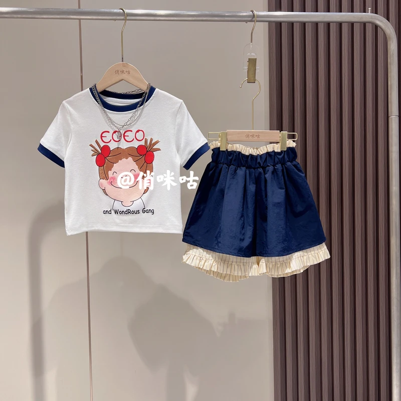 俏咪咕女童2025新款洋气儿童夏款休闲韩版时尚女孩印花短袖套装！