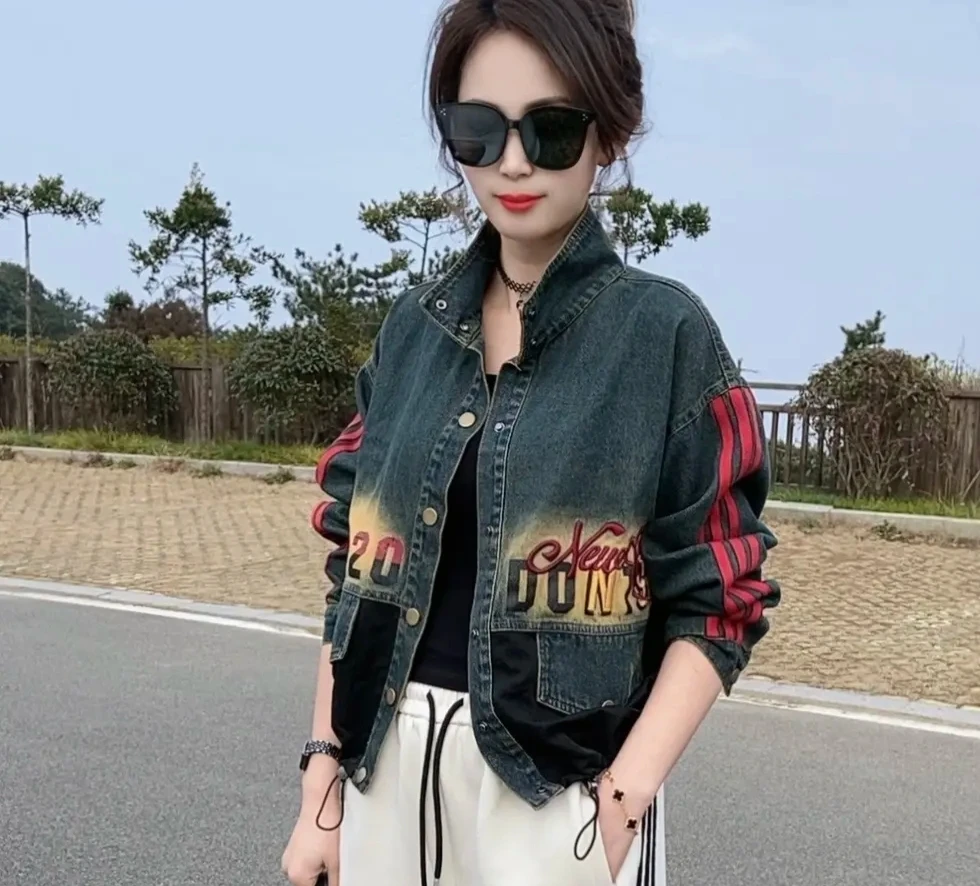 立领复古牛仔外套2025春季新款时尚条纹印花减龄百搭显瘦短款上衣