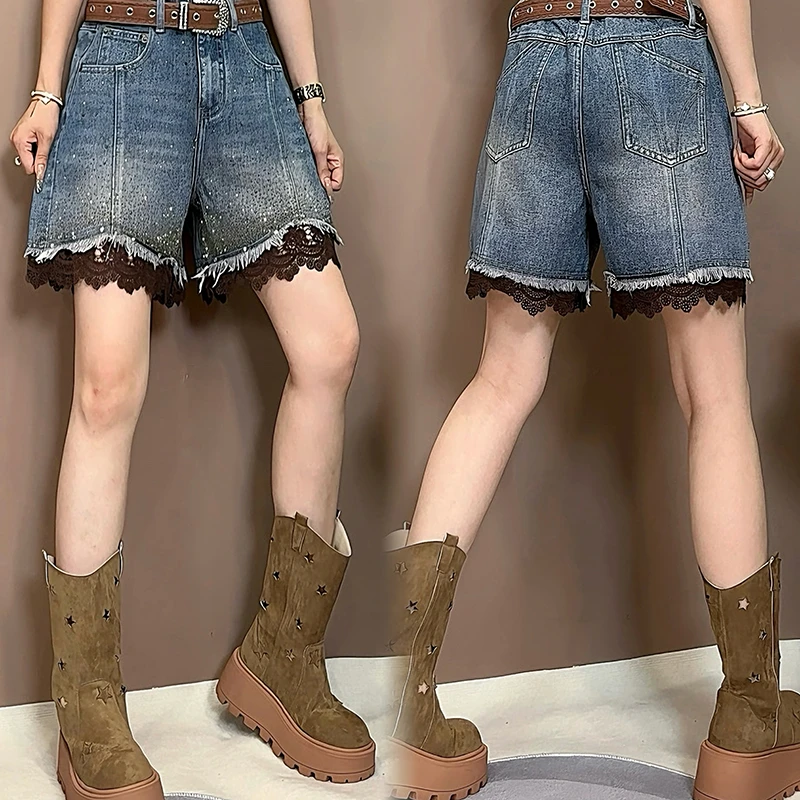 夏季新款复古蕾丝毛边牛仔短裤女2025时尚小个子烫钻潮短裤-58057