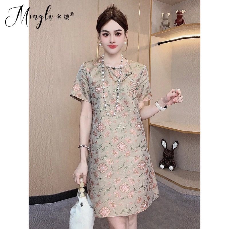 2025新款夏季a字版改良旗袍裙提花圆领斜襟盘扣复古名媛风连衣裙