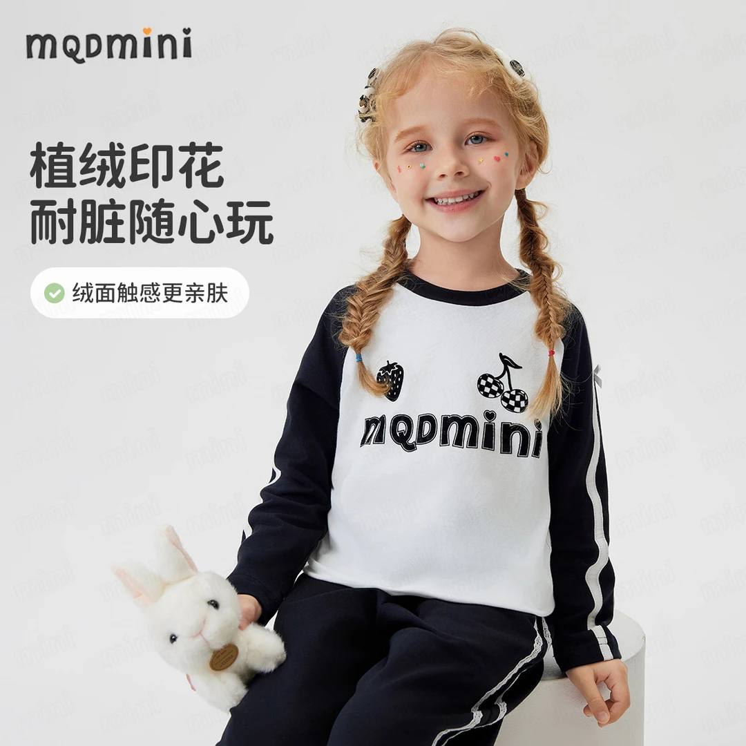 MQDMINI【5A抑菌】童装女童t恤长袖秋季新款双色织带甜美风单穿上衣