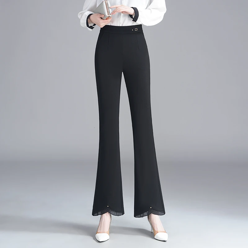 黑色西装微喇裤女2025春秋新款松紧高腰修身显瘦百搭直筒喇叭裤子