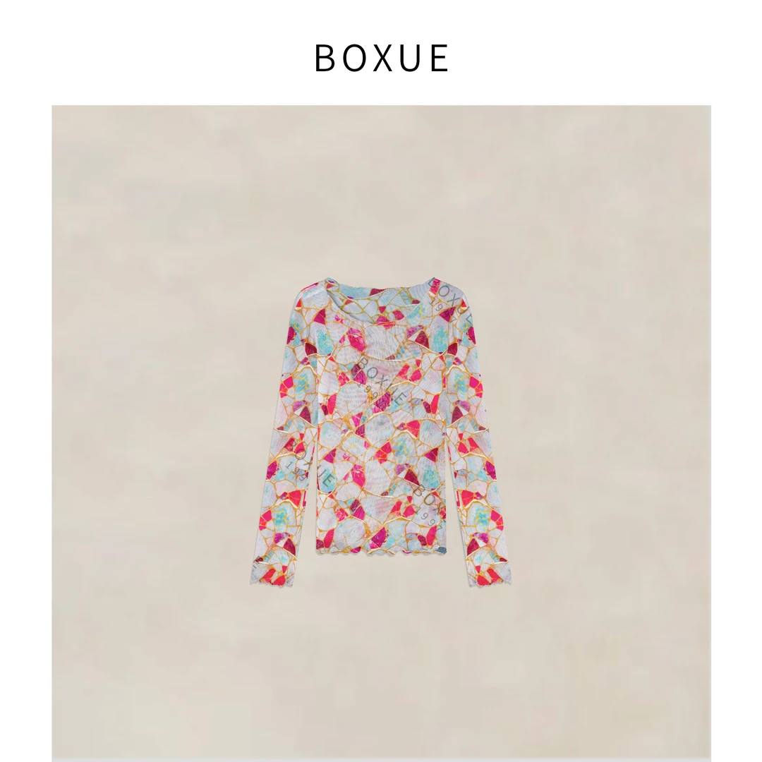 BOXUE ”雾光” 2025春季新款高级感拼色轻奢 T恤#250421T2012