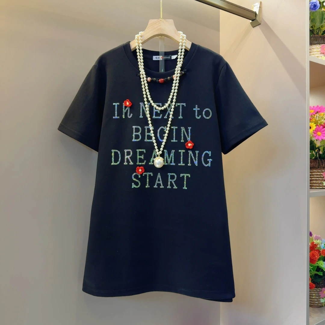 时髦小众领口串珠拼色烫钻字母小花朵T恤衣长75左右