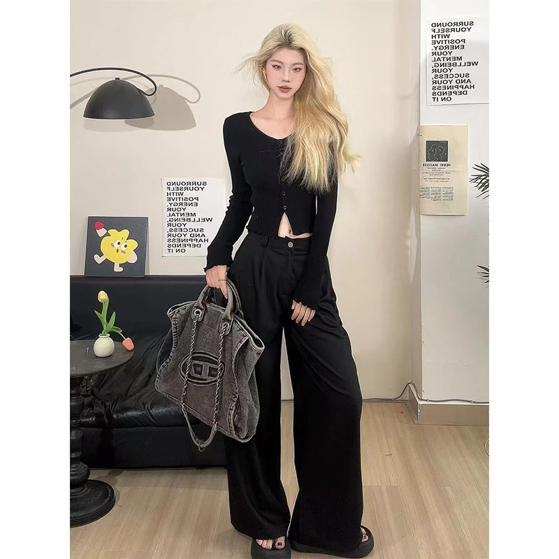 初秋穿搭一整套纯欲辣妹风蕾丝背心针织开衫叠穿上衣休闲裤三件套