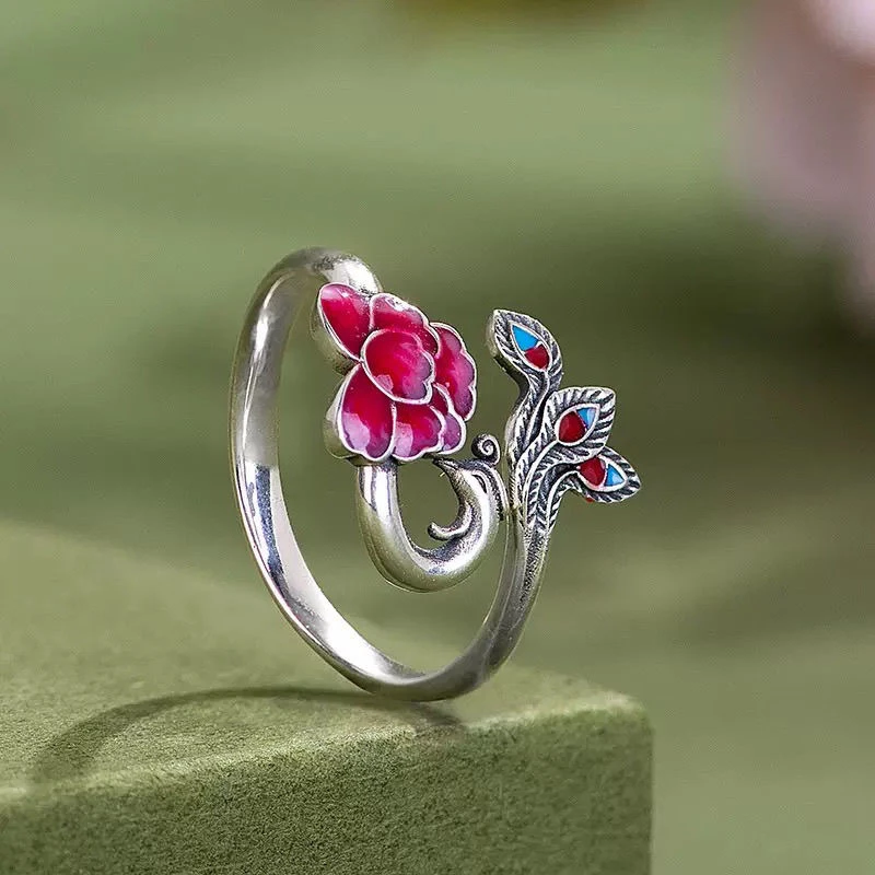 925银戒指 简约银戒指复古珐琅凤凰牡丹戒指女文艺中国风烧蓝莲花