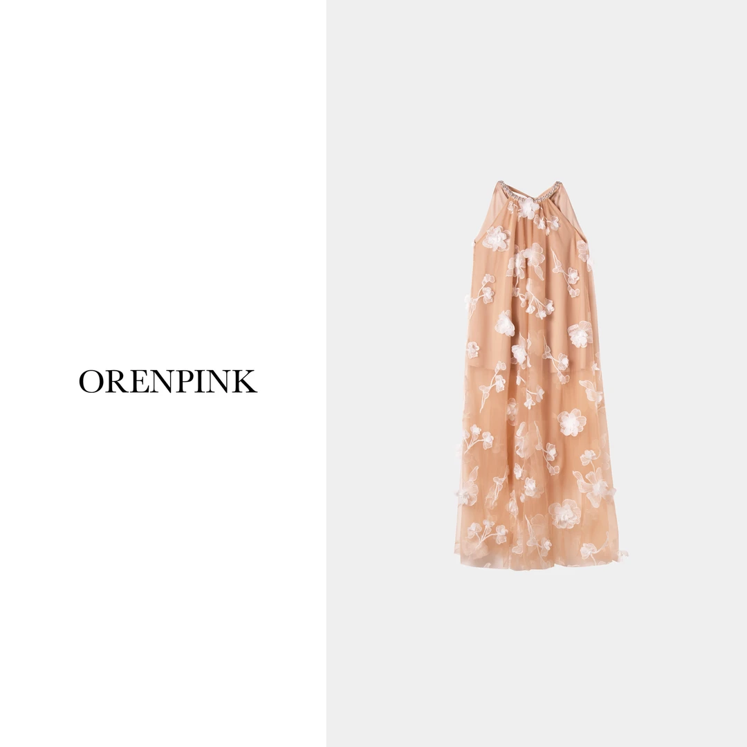 OREN PINK/奥粉新款法式无袖挂脖露肩度假气质设计师感仙女裙
