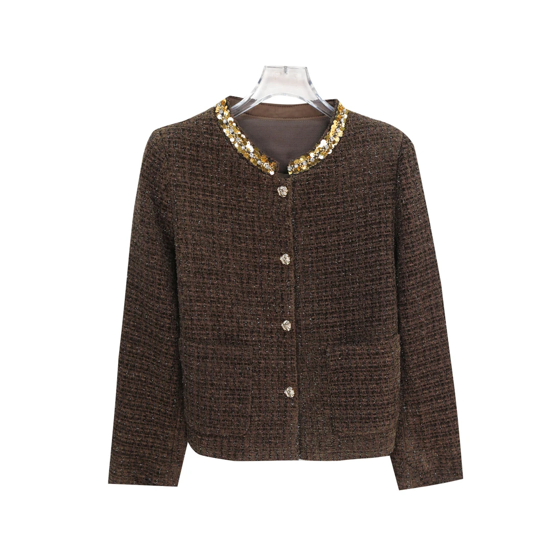 法式亮片圆领重工亮闪纽扣小香风外套S5159