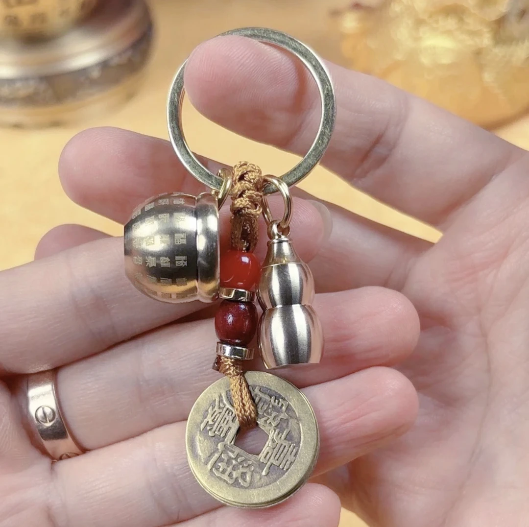 【老师推荐】新款黄铜百福缸挂件钥匙扣复古开口葫芦挂饰五帝钱挂件