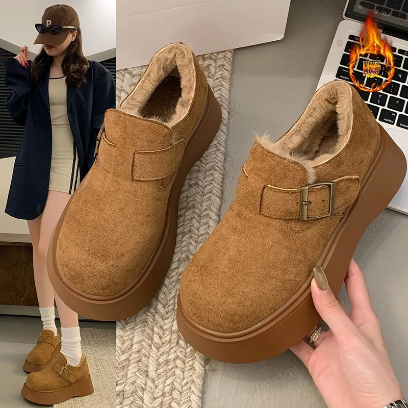 厚底增高勃肯鞋女2025秋冬新款单鞋复古加绒加厚一脚蹬鞋子博肯鞋