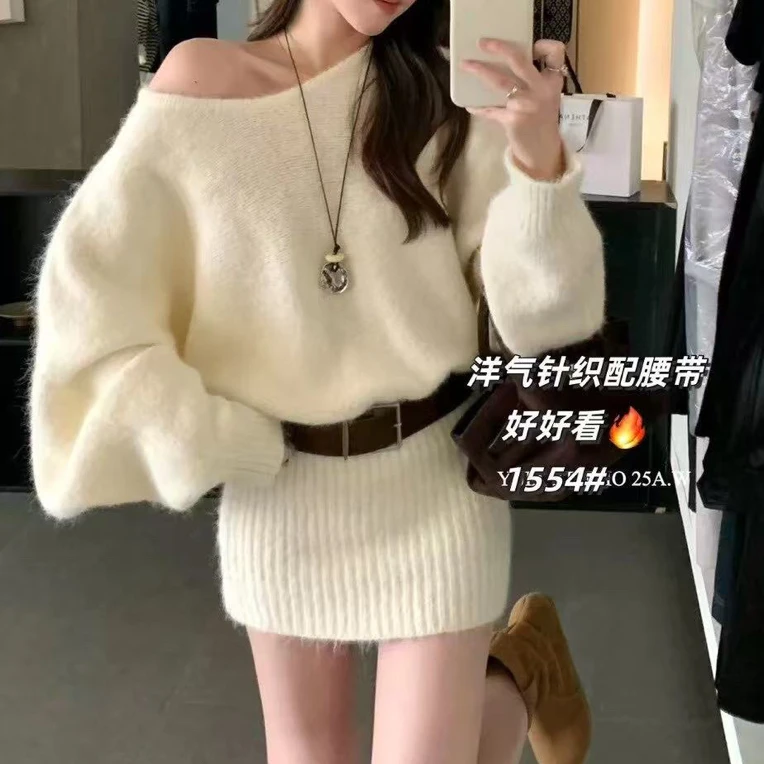 早秋绿色圆领长袖宽松慵懒风纯欲辣妹包臀连衣裙