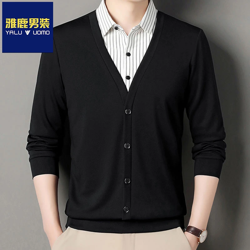 雅鹿男装男士假两件长袖T恤衬衫领春秋季中青年针织打底衫t恤上衣