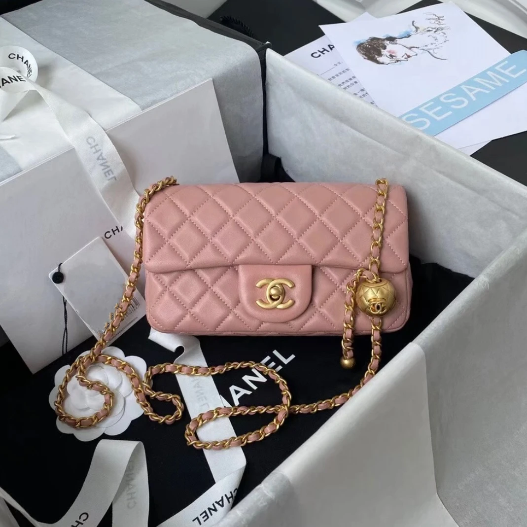 99新 Chanel/香奈儿 cf大mini粉金金球款时尚气质包/AM4282