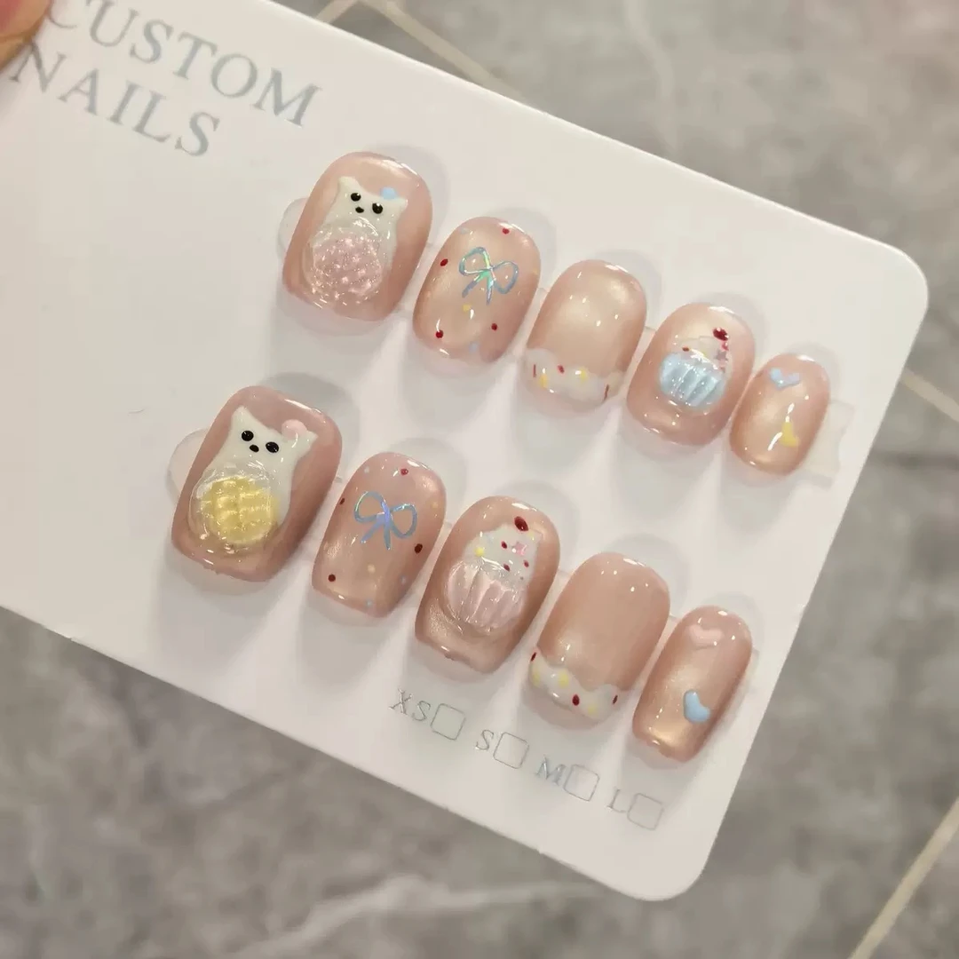 【菠萝蛋糕】手工捏捏手绘穿戴甲可爱蝴蝶结波点显白猫眼美甲10片装