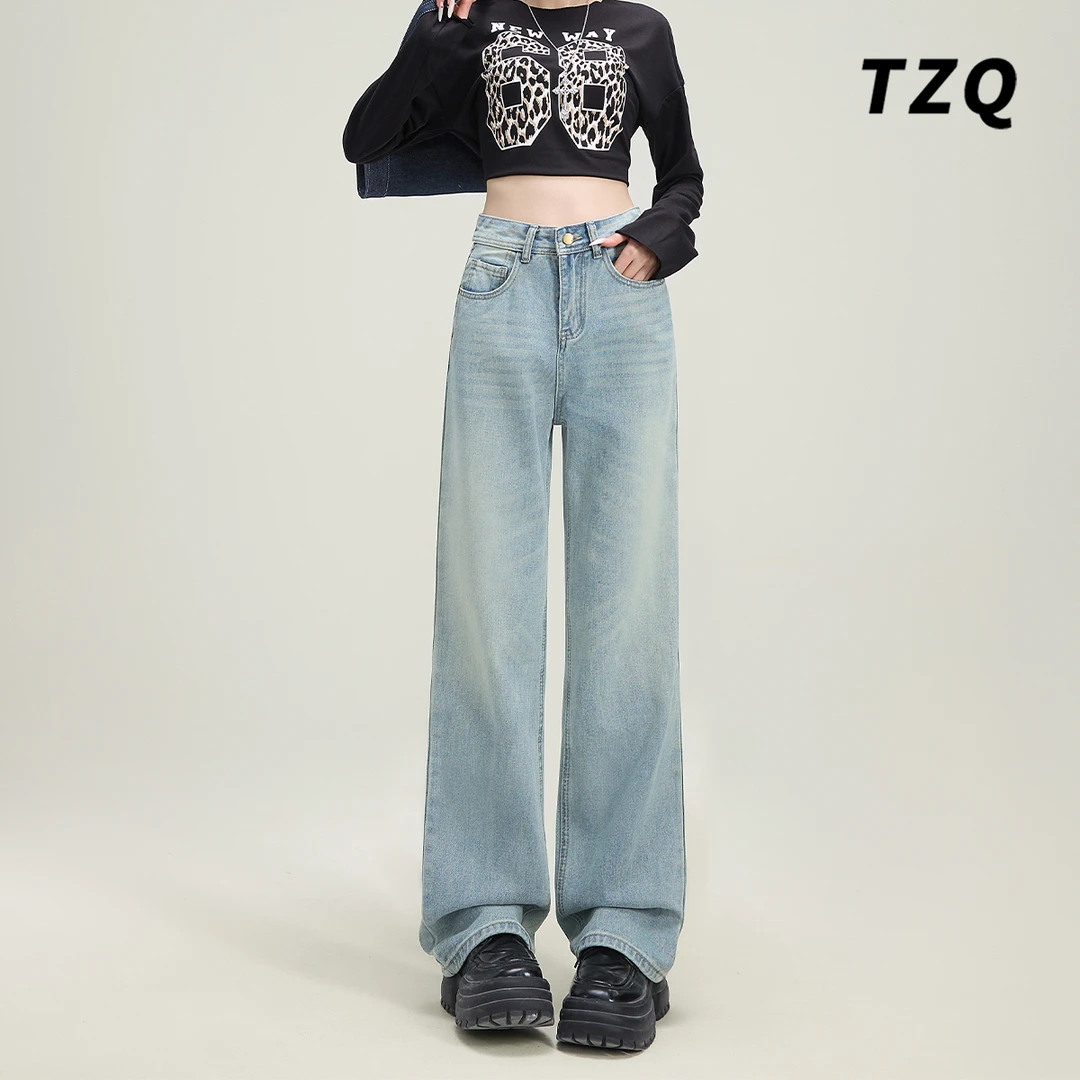 浅色阔腿牛仔裤女2025春秋新款高腰显瘦时尚百搭直筒裤TZQ2511115