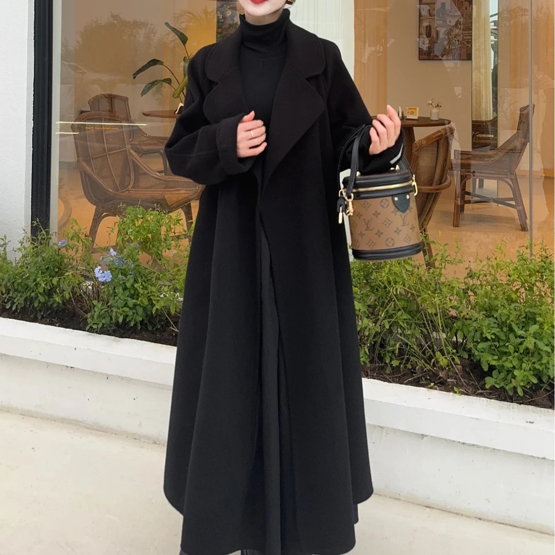 2024秋冬网红流行女长款过膝韩式腰带小个子保暖双面绒毛呢羊外套