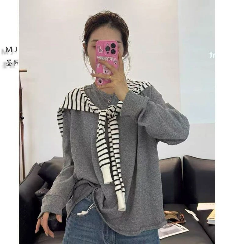 早秋新款麻感棉显瘦宽松麻丝线撞色拼接设计感薄款针织上衣小个子