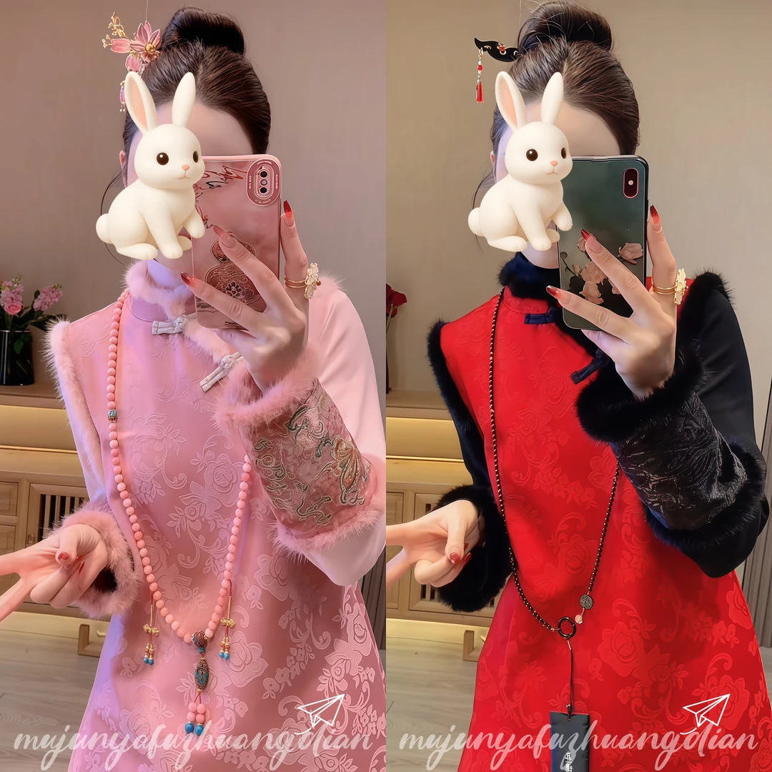 新中式风盘扣旗袍女秋冬毛袖口两件套显瘦减龄时尚套装