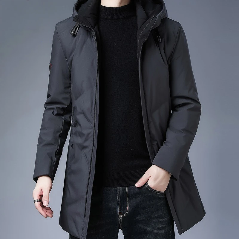 皮尔卡丹羽绒服男中长款加厚保暖2025年冬季新款休闲鸭绒连帽外套