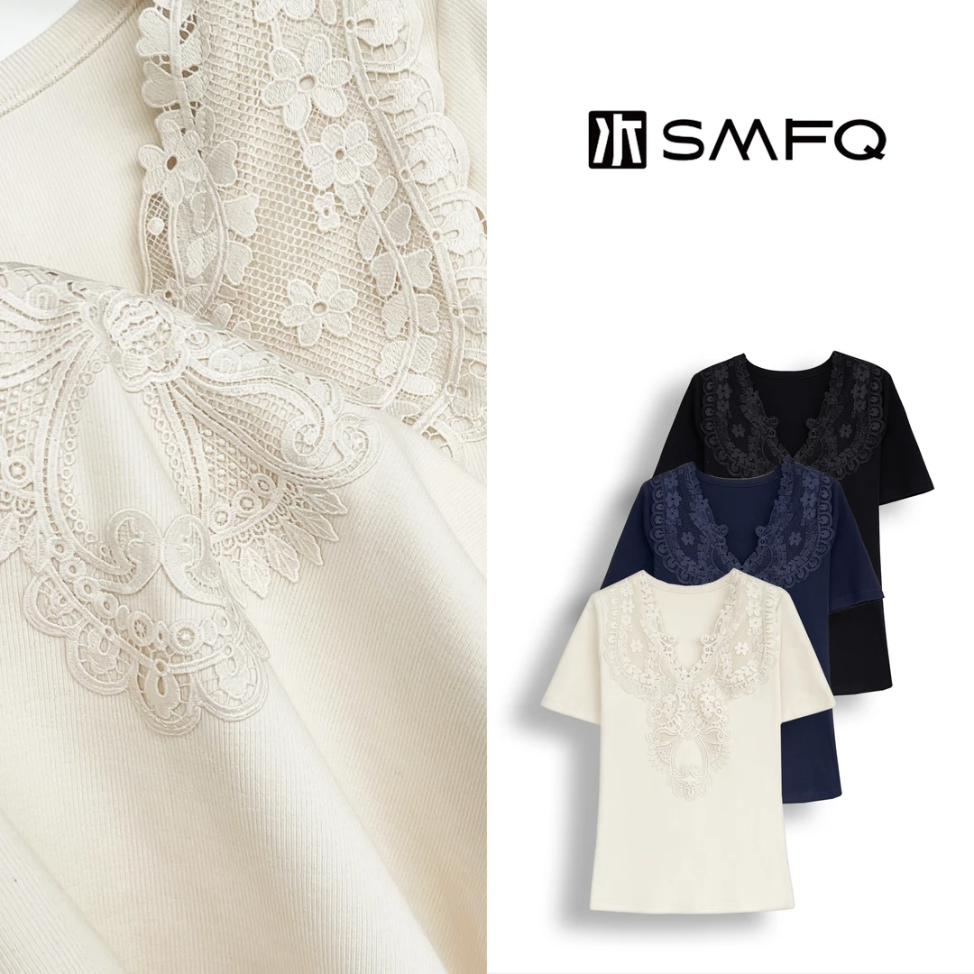 水木夫妻 优可丝蛇骨纹40支300克拼接蕾丝欧若风花边舒适T恤