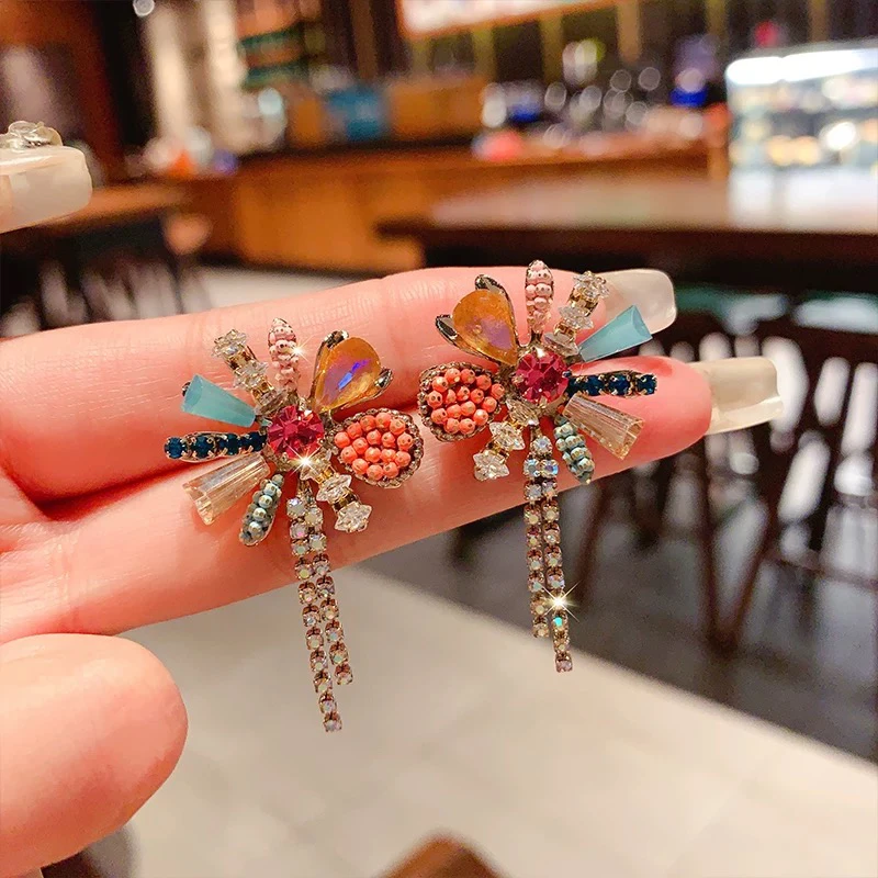 铜合金耳饰 A136 韩国东大门耳环甜美流苏彩色耳钉轻奢时尚手工