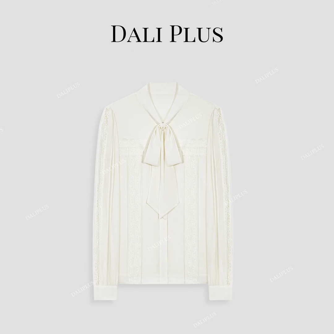 DALI PLUS法式矜贵气质蕾丝拼接捏褶设计飘带蝴蝶结衬衫-D4SS0335