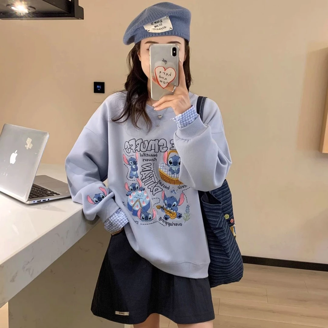 胖MM特大码秋季显瘦宽松时尚假两件休闲拼接史迪仔刺绣学生卫衣