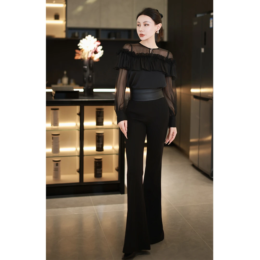 美业老板女总裁职业装透视肩长袖上衣高腰微喇裤黑色套装两件套