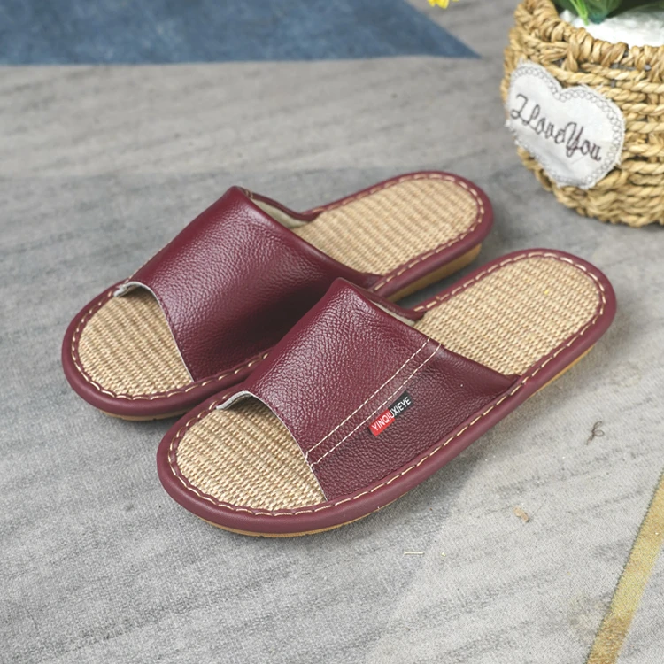 【牛皮亚麻】-夏天软底真皮凉拖通头男女防滑厚底居家高档皮拖鞋