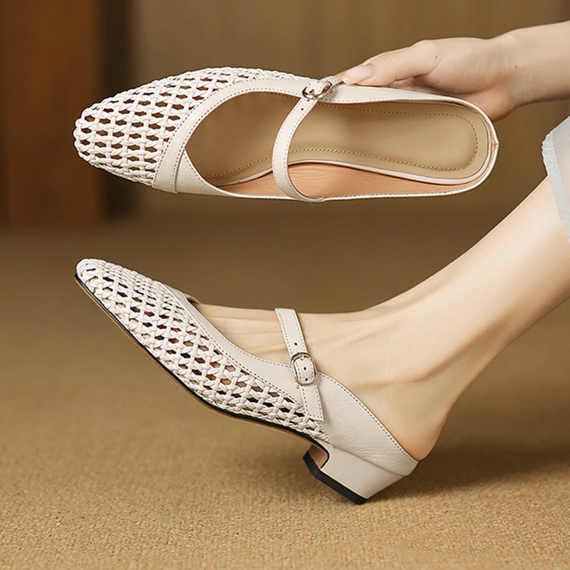 真皮半拖法式镂空明星同款百搭鞋子中跟粗跟编织包头拖鞋女鞋外穿